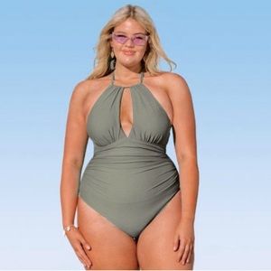 Cupshe Women's Green One Piece Ruched Cutout Halter Self Tied Bathing Suit